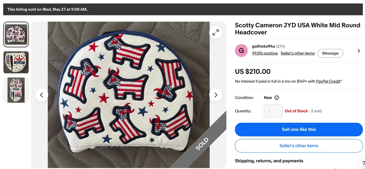 Scotty Cameron Junkyard Dog USA white mid-round headcover sold listing on eBay