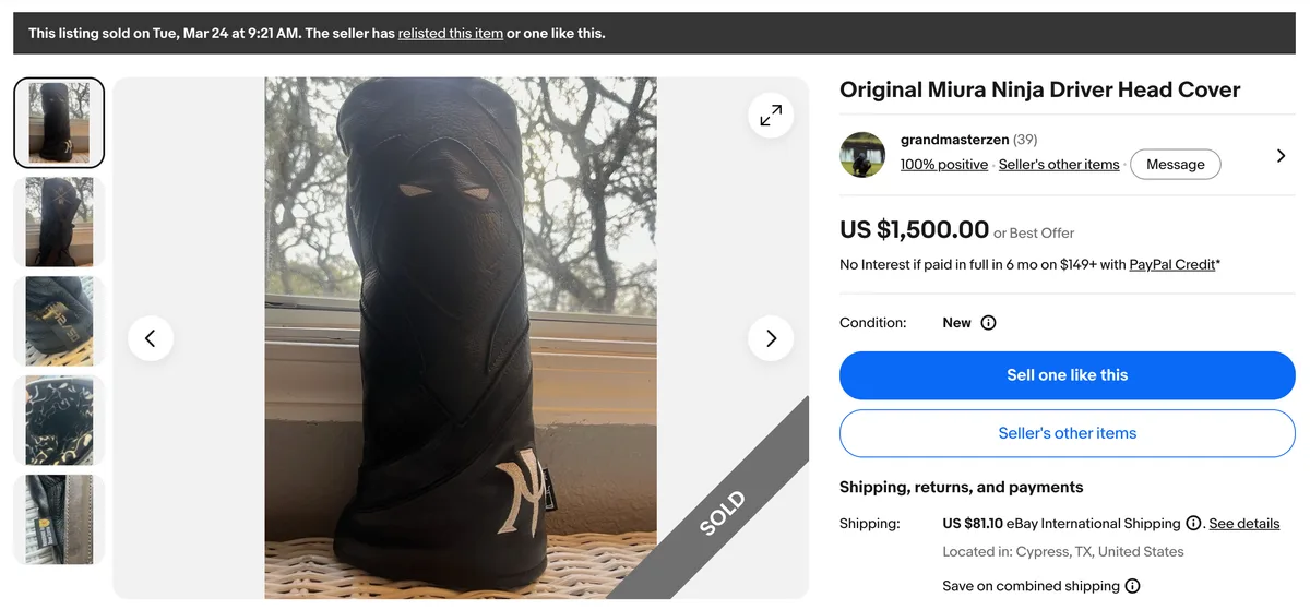 Original Miura Ninja driver headcover sold for US$1500 on eBay