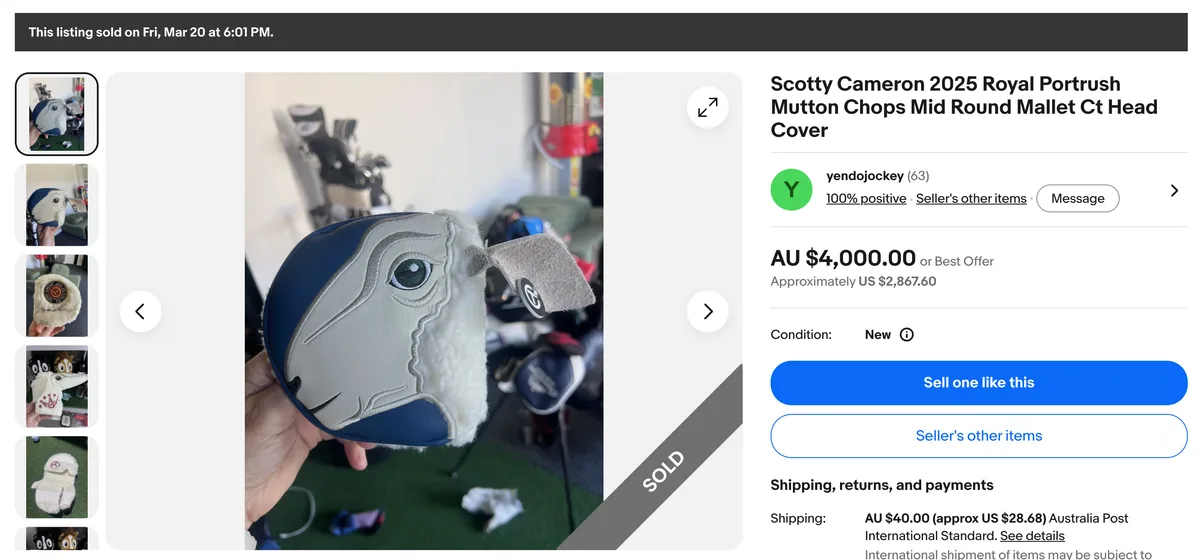 Scotty Cameron 2025 Royal Portrush Mutton Chops mid-round mallet cover sold for AU$4000