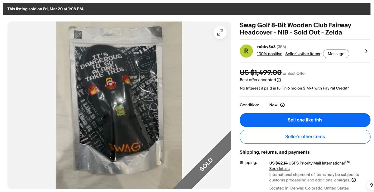 Swag Golf 8-bit Zelda wooden-club fairway headcover new in bag sold for US$1499
