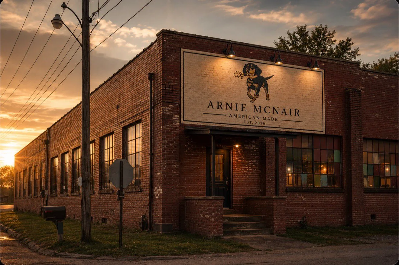 The Arnie McNair building at sunset, a brick warehouse with a painted sign reading Arnie McNair, American Made, Est. 2026 above a hound carrying a rose.