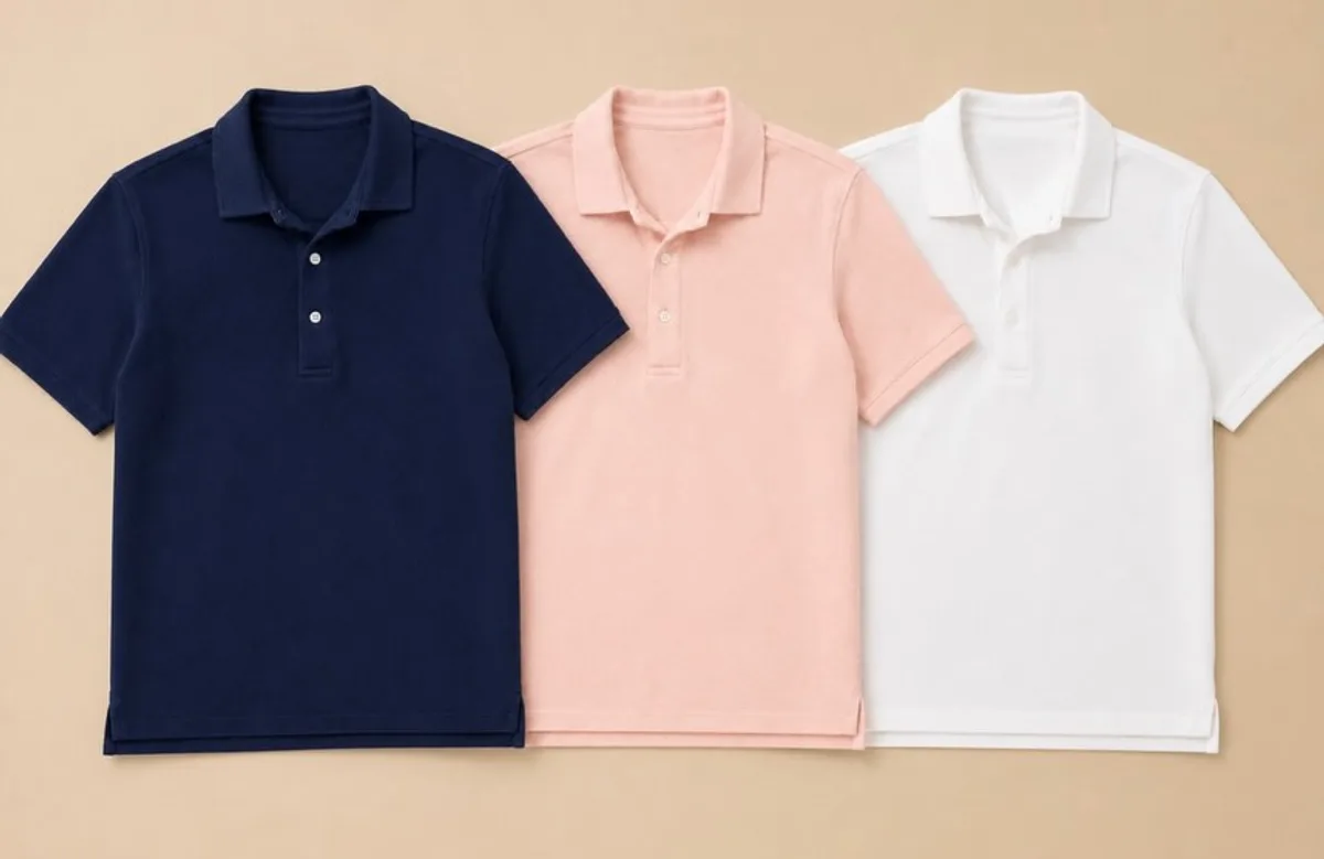 Arnie McNair golf polos in navy, pink, and white