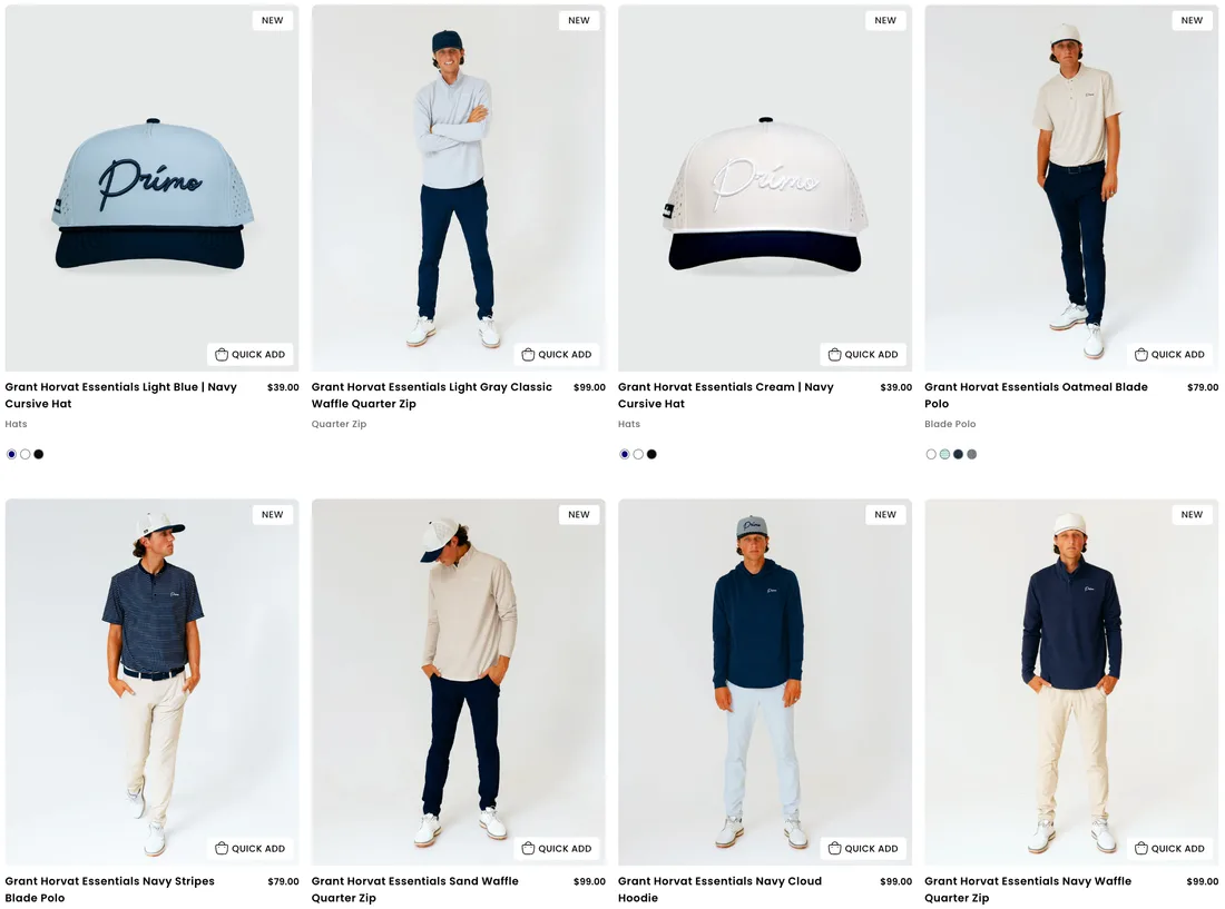 Grant Horvat modeling Primo Golf apparel on the brand's website