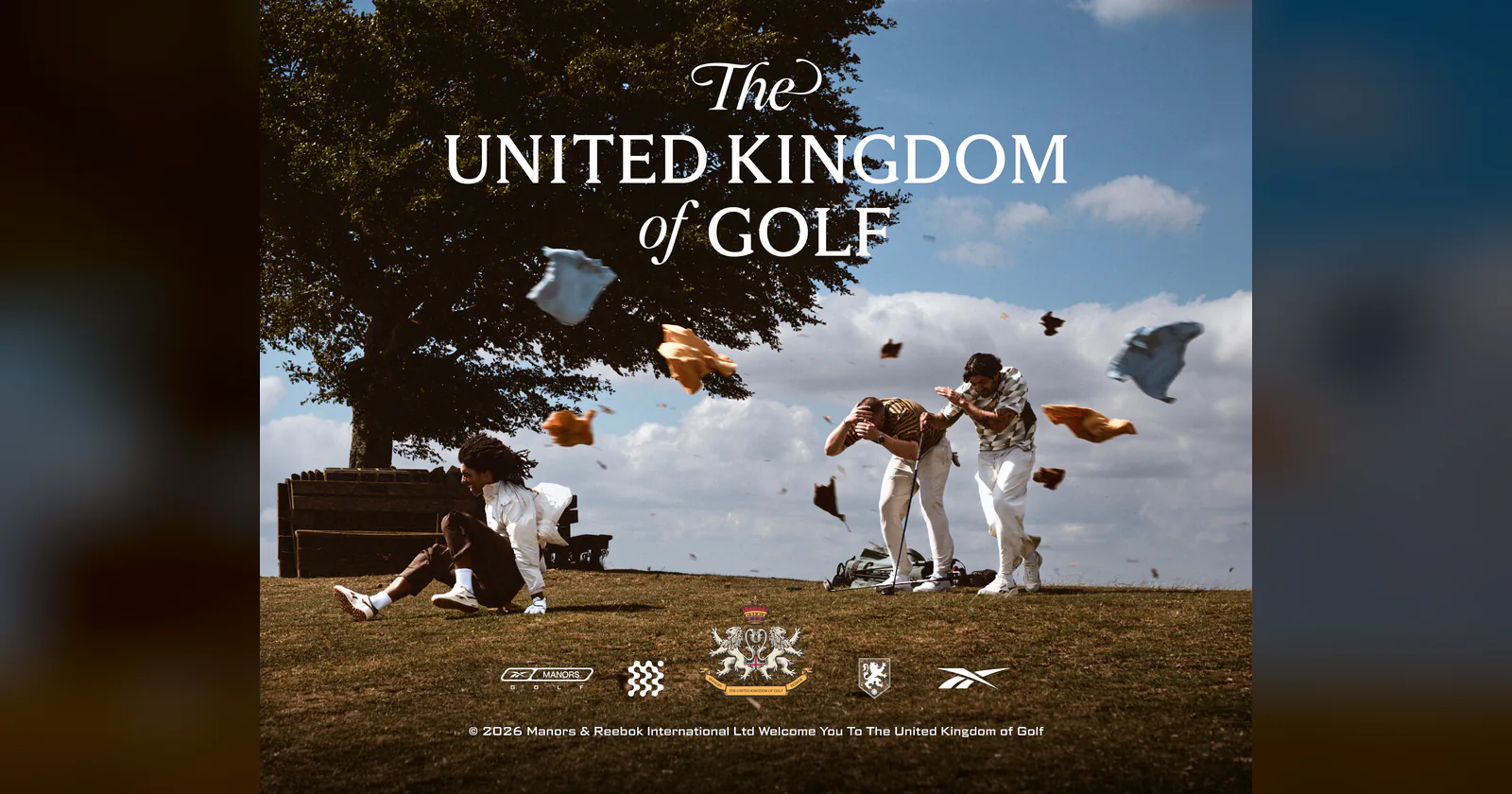 Reebok x MANORS The United Kingdom of Golf campaign poster showing golfers in a field with clothing scattered in the air.