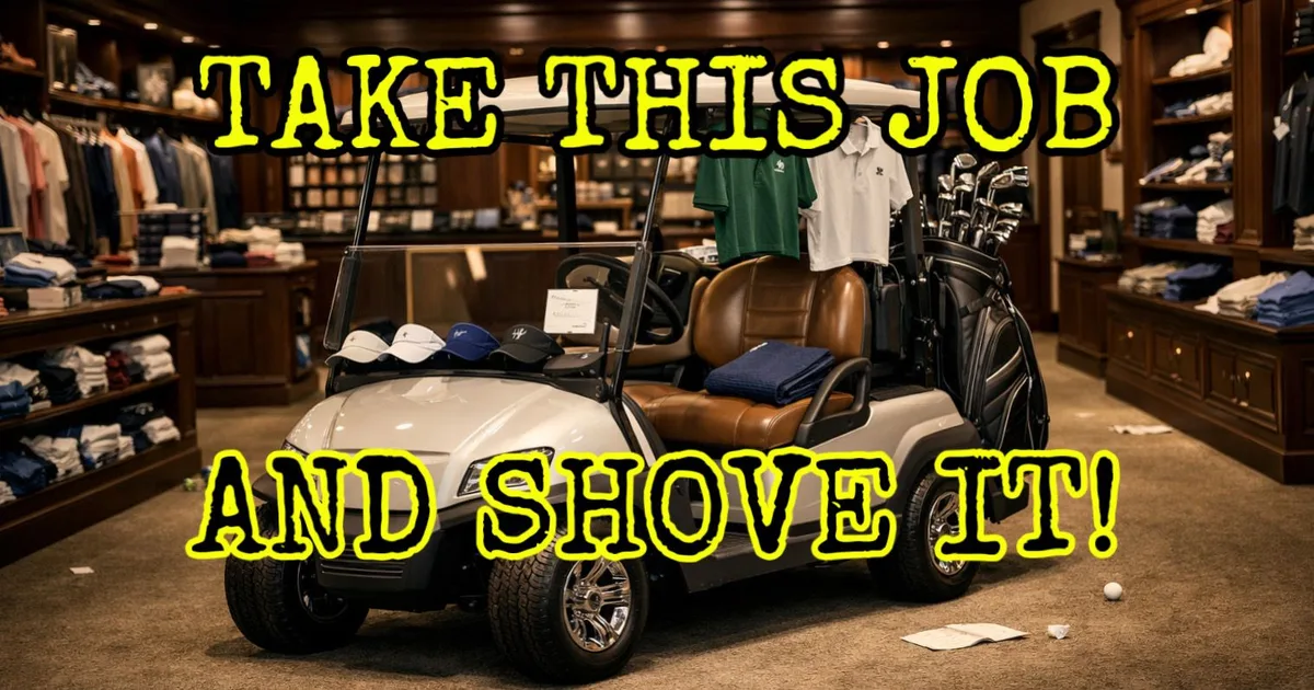 Take This Job and Shove It, a Country Club Confidential story on DORMIED: a golf cart merchandised inside a pro shop