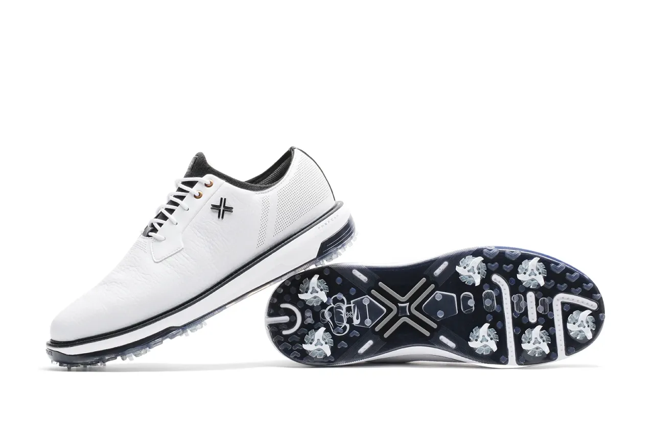 A white Payntr CHEF RX RS spiked golf shoe shown from the side and from the sole.