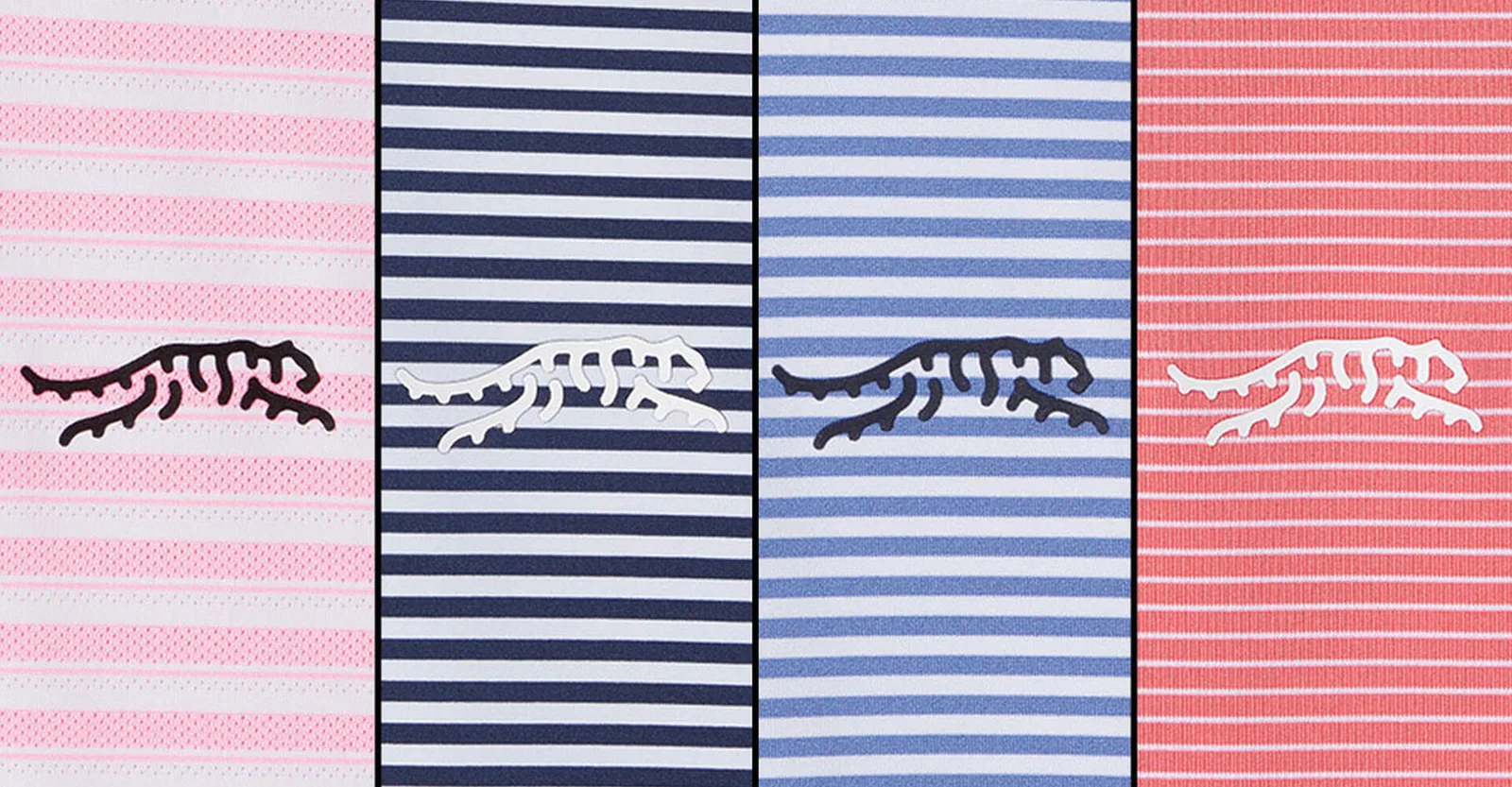 Four striped Sun Day Red polos side by side, each carrying the tiger logo on the chest.