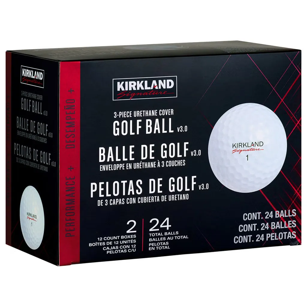 A two-dozen box of white Kirkland Signature V3.0 golf balls.