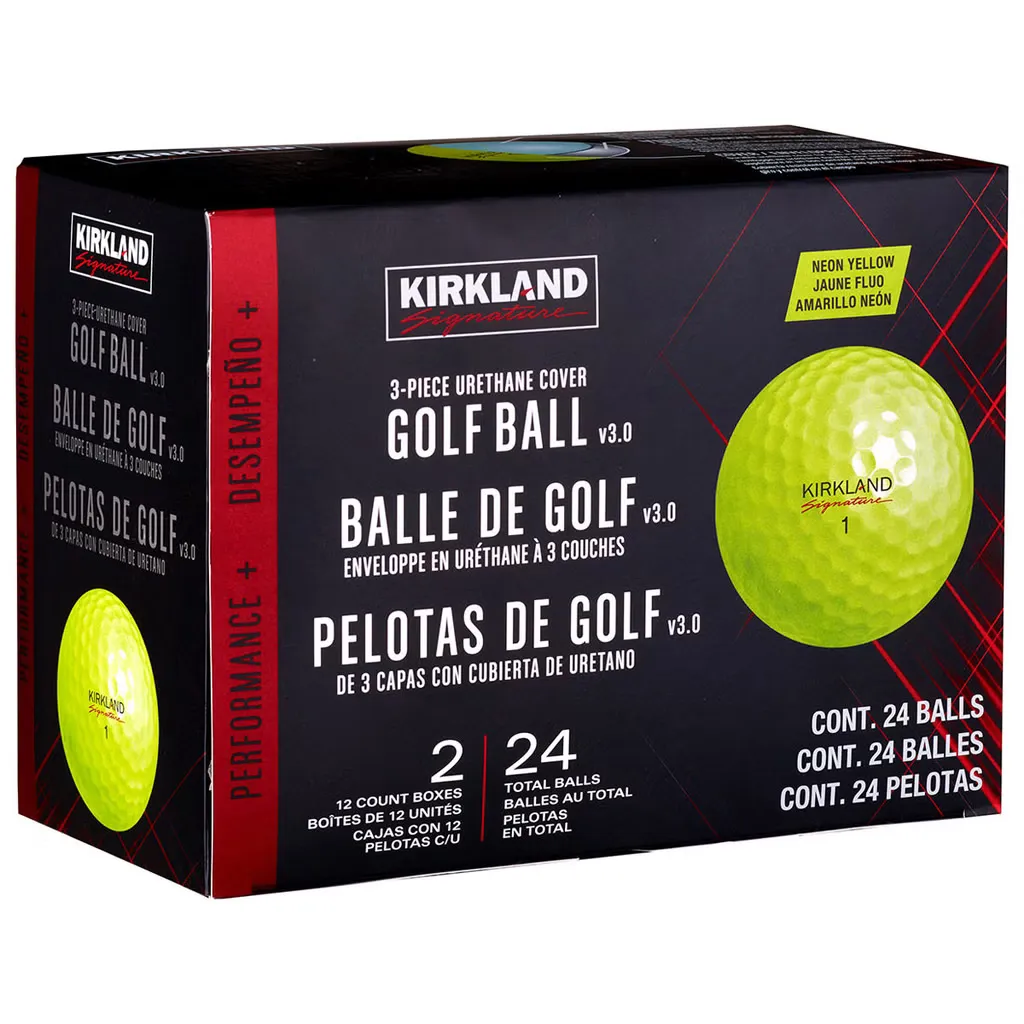 A two-dozen box of yellow Kirkland Signature V3.0 golf balls.