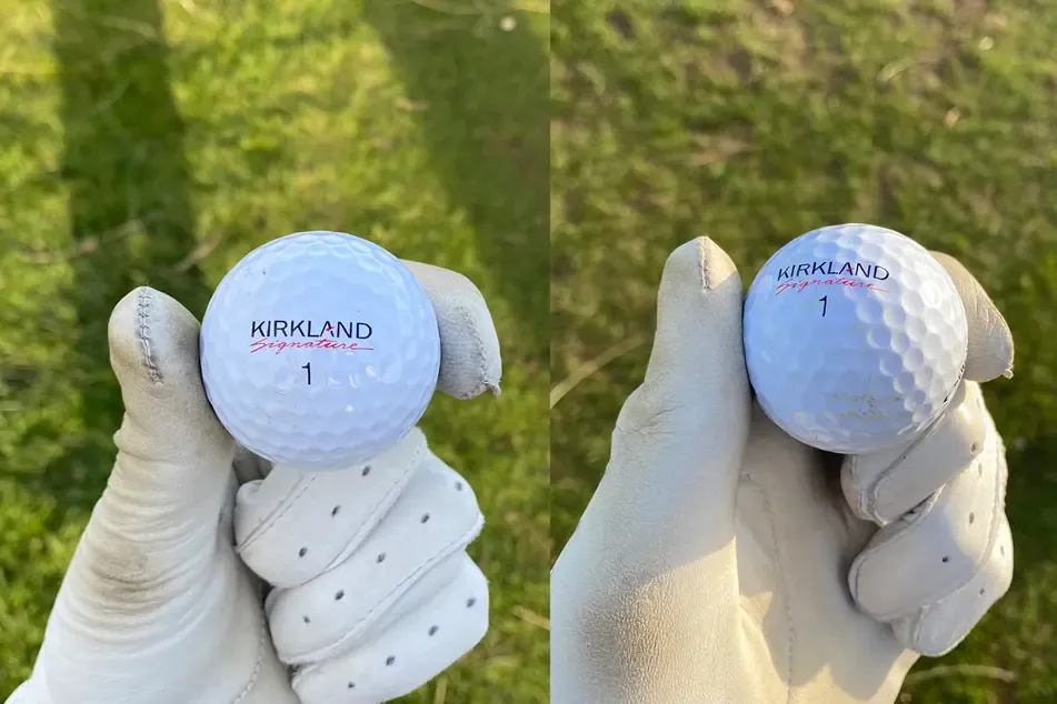 Two views of a gloved hand holding a white Kirkland Signature ball on a golf course.