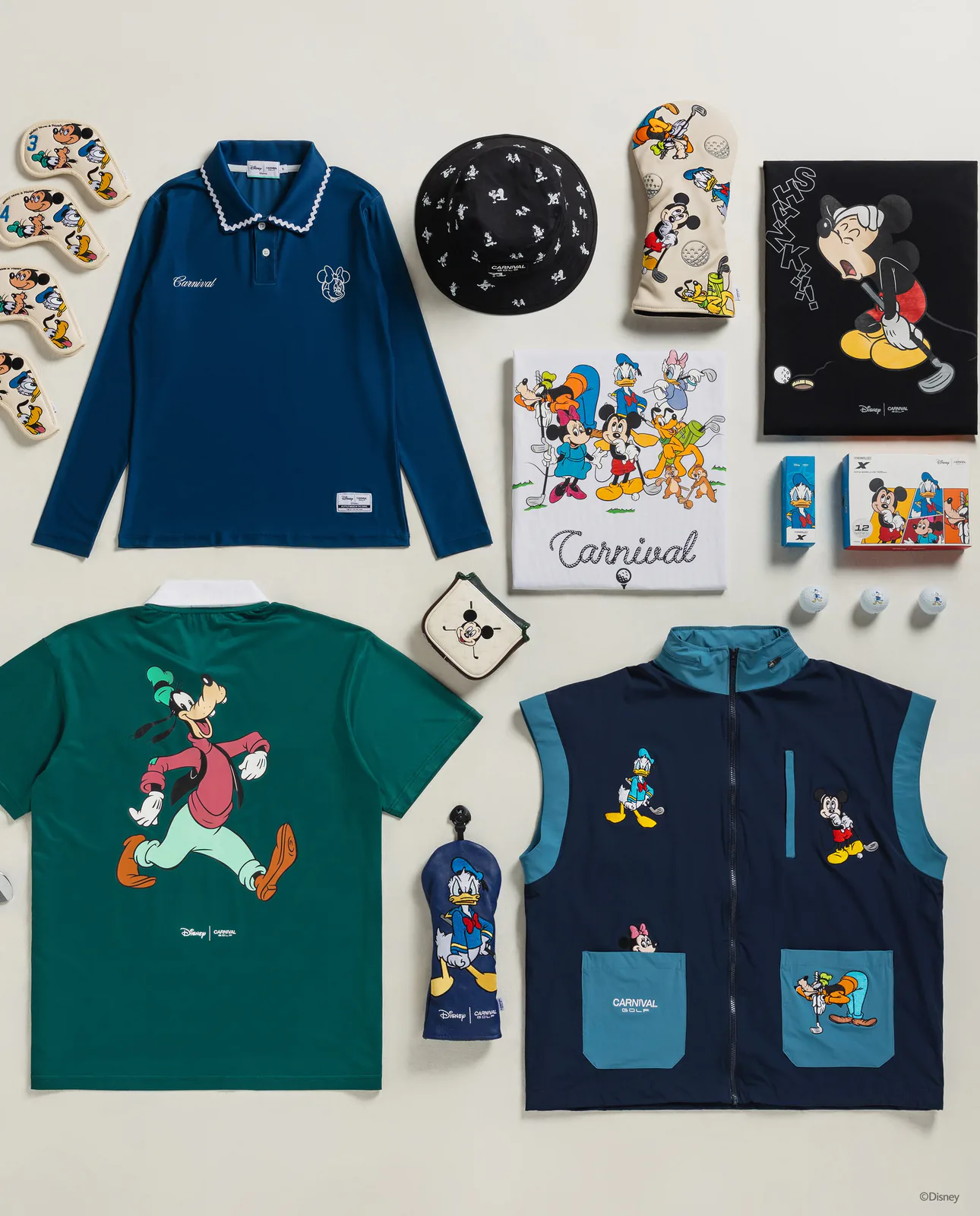 Carnival Golf x Disney apparel including a navy Minnie polo, a patterned bucket hat, a green Goofy tee and a colour-blocked vest with character embroidery