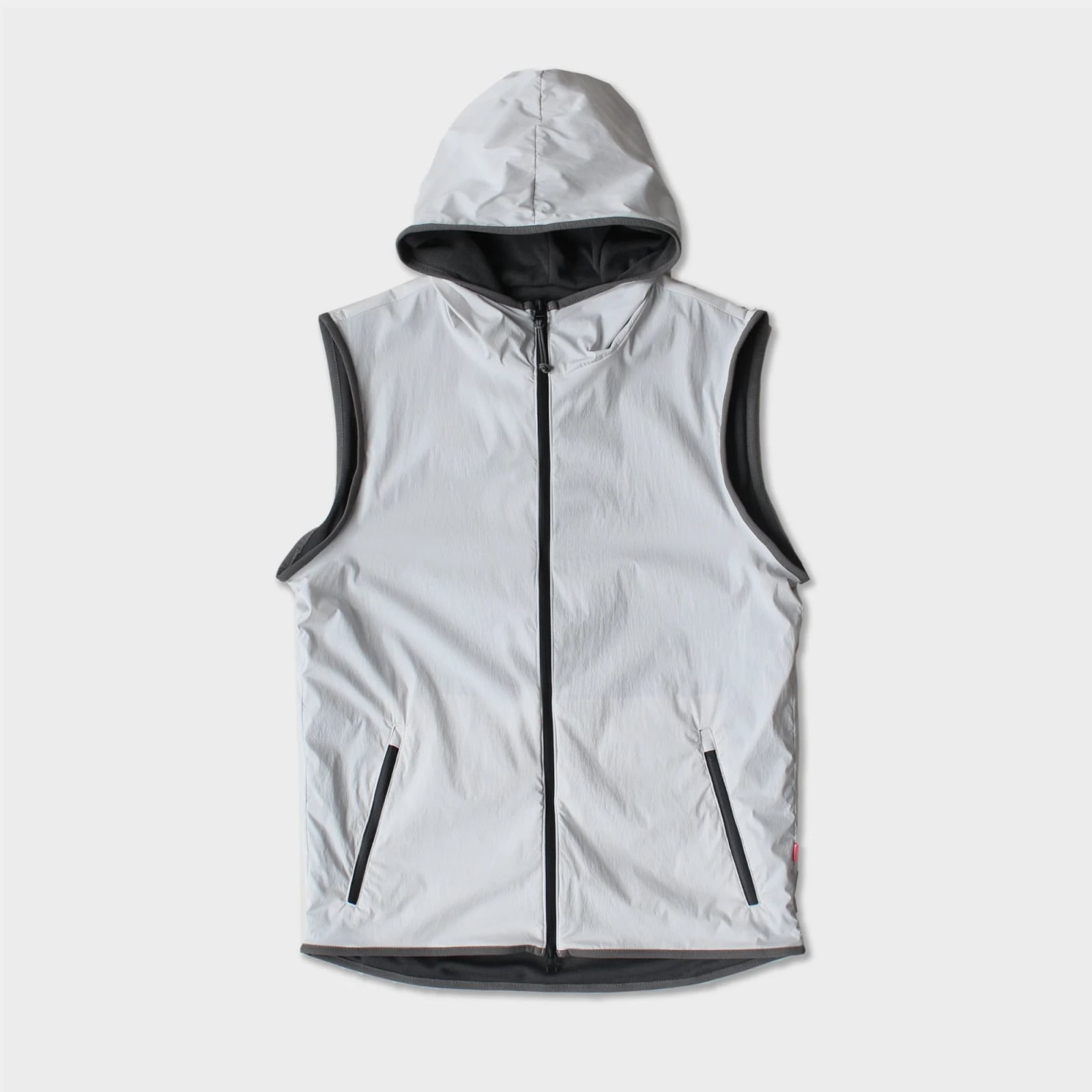 A light grey Sentinel Golf hooded vest with a black zip and dark fleece lining