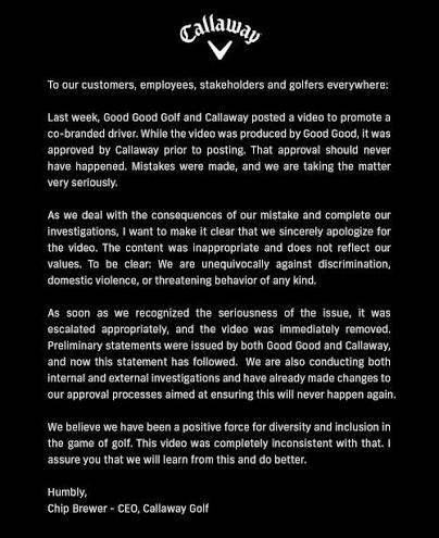 Letter from Callaway CEO Chip Brewer apologising for the co-branded video, confirming Callaway approved it and describing internal and external investigations