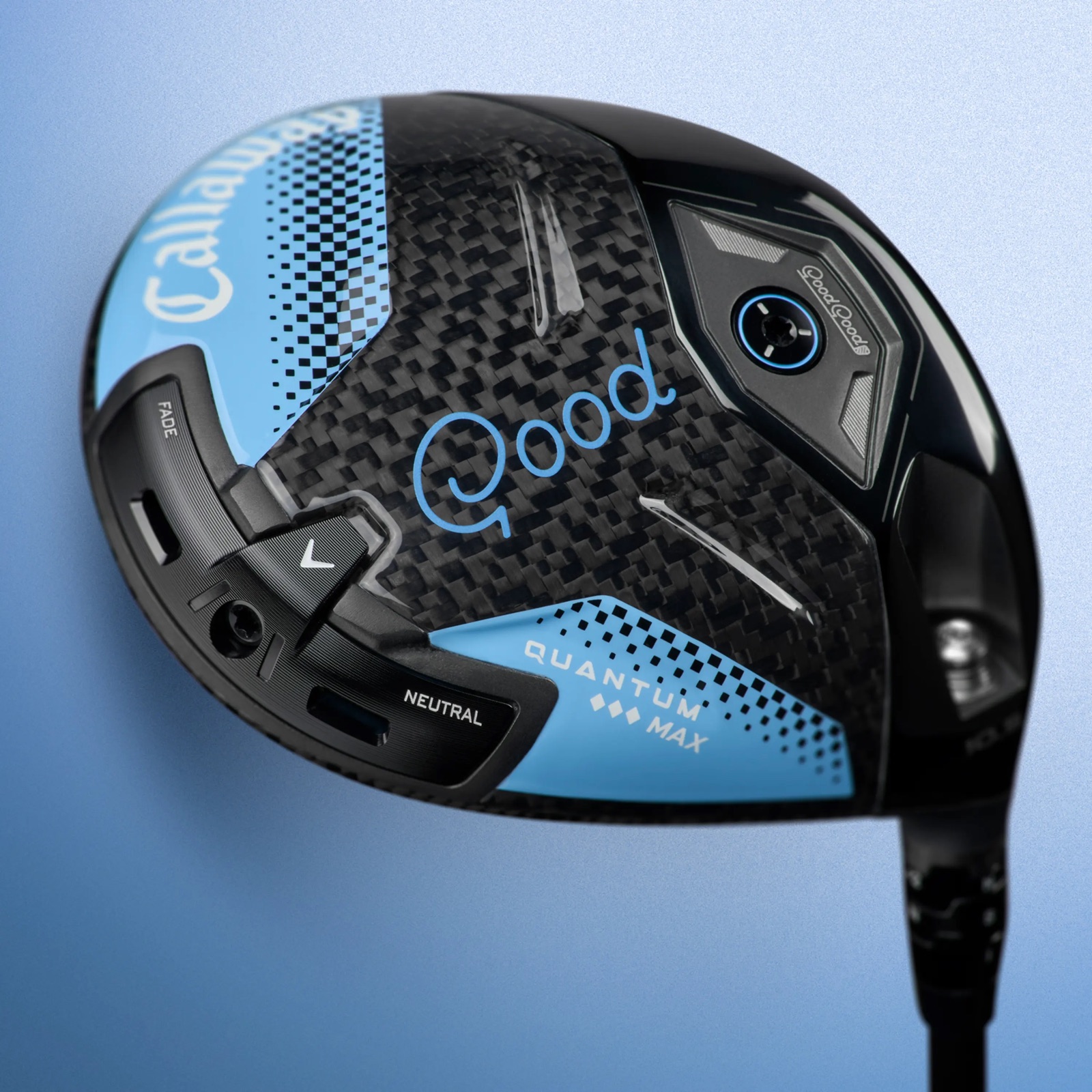 The Callaway Quantum Max driver co-branded with Good Good Golf, black carbon crown with light blue Callaway and Good Good graphics